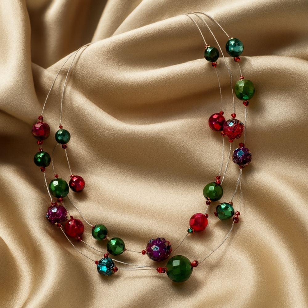 Elegant Multicolor Beaded Necklace – Layered Festive Strands Faceted Gem Accents